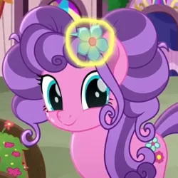 Size: 300x300 | Tagged: safe, derpibooru import, screencap, petunia petals, earth pony, pony, rainbow roadtrip, female, flower, flower in hair, implied sunny skies, looking at you, magic, mare, offscreen character, telekinesis