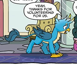 Size: 249x211 | Tagged: safe, artist:tonyfleecs, derpibooru import, idw, gallus, gryphon, spoiler:comic, spoiler:comicfeatsoffriendship01, cropped, male, official comic, paws, running, solo, speech bubble, tail