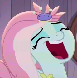 Size: 627x635 | Tagged: safe, color edit, derpibooru import, edit, edited screencap, screencap, kerfuffle, pegasus, pony, rainbow roadtrip, bust, close-up, colored, cute, eyes closed, female, fufflebetes, laughing, laughingmares.jpg, mare, open mouth, saturated, smiling, solo