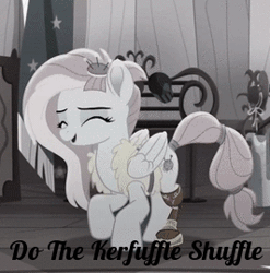 Size: 266x269 | Tagged: safe, derpibooru import, edit, edited screencap, screencap, kerfuffle, pegasus, pony, rainbow roadtrip, amputee, animated, caption, cropped, cute, daaaaaaaaaaaw, dancing, excited, eyes closed, fashion, female, fufflebetes, gif, happy, hnnng, jumping, kerfuffle shuffle, mare, picture for breezies, prancing, prosthetic leg, prosthetic limb, prosthetics, solo, trotting, trotting in place, weapons-grade cute