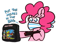 Size: 900x700 | Tagged: safe, artist:threetwotwo32232, derpibooru import, pinkie pie, earth pony, pony, backpack, bag, bandana, female, gun, image, male, mare, meme, png, robbery, simple background, solo, sonic the hedgehog, sonic the hedgehog (series), toy gun, transparent background, weapon