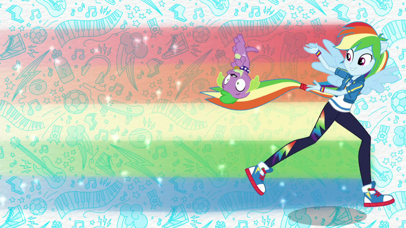 Size: 1920x1080 | Tagged: safe, derpibooru import, screencap, rainbow dash, spike, spike the regular dog, dog, equestria girls, equestria girls series, clothes, converse, geode of super speed, magical geodes, pants, ponied up, rainbow trail, shoes, sneakers, spike's dog collar, theme song, wings