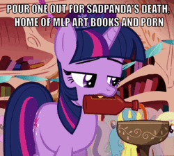 Size: 400x360 | Tagged: suggestive, artist:fishgif, derpibooru import, edit, edited screencap, screencap, twilight sparkle, pony, unicorn, friendship is magic, animated, confound these ponies, drink, drinking, female, golden oaks library, hot sauce, loop, mouth hold, text, unicorn twilight