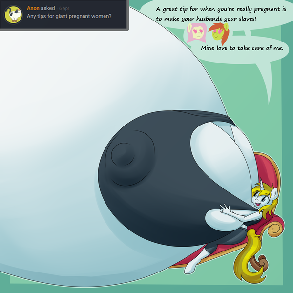 Size: 3000x3000 | Tagged: questionable, artist:funble, derpibooru import, fluttershy, oc, oc:white heart, oc:young weird, anthro, unicorn, ask white heart, belly, big belly, big breasts, breasts, butterscotch, canon x oc, chair, dialogue, female, huge belly, huge breasts, hyper, hyper belly, hyper breasts, hyper pregnancy, implied whiteshy, impossibly large belly, impossibly large breasts, male, pregnant, rule 63, shipping, straight, text, whiteshy