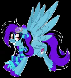 Size: 1920x2091 | Tagged: safe, artist:missmele-madness, derpibooru import, oc, oc:crystal, pegasus, pony, black background, clothes, deviantart watermark, female, glasses, goggles, mare, obtrusive watermark, scarf, simple background, solo, watermark