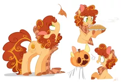 Size: 1000x674 | Tagged: safe, artist:laceymod, derpibooru import, oc, oc:autumn aria, unofficial characters only, earth pony, pony, clothes, female, food, halloween, holiday, jack-o-lantern, leaf, mare, pie, pumpkin, scarf, solo