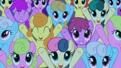 Size: 1280x720 | Tagged: safe, derpibooru import, screencap, berry punch, berryshine, bluebonnet, bon bon, carrot top, daisy, flower wishes, golden harvest, linky, shoeshine, strawberry sunrise, sweetie drops, earth pony, pony, the best night ever, adaisable, adorable face, adorabon, berrybetes, blue bon, bronybait, cheering, clothes, coca melody, coconut melody, cute, cutie top, eyes closed, female, free hugs, grand galloping gala, happy, hooves up, linkybetes, looking at you, mare, merry melody, pink cola, purple rainbow, shorts, smiling, tree stump (character), yellow blueberry, yellow melody