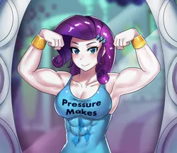 Size: 800x691 | Tagged: safe, artist:tzc, derpibooru import, rarity, equestria girls, abs, armpits, bedroom, biceps, bracelet, clothes, flexing, jewelry, looking at you, mirror, muscles, ripped rarity, smiling, solo, tanktop