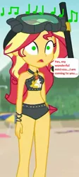 Size: 307x686 | Tagged: safe, derpibooru import, edit, edited screencap, editor:thomasfan45, screencap, sunset shimmer, equestria girls, equestria girls series, unsolved selfie mysteries, 1000 hours in ms paint, bikini, bikini top, clothes, geode of empathy, hypno eyes, hypnosis, hypnotic music, hypnotized, magical geodes, mistress, music notes, sexy, snorkel, solo, speech bubble, story included, swimsuit
