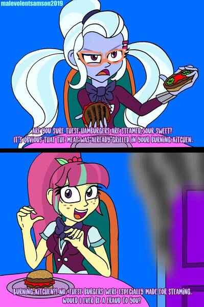 Size: 729x1096 | Tagged: safe, artist:malevolentsamson, derpibooru import, sour sweet, sugarcoat, equestria girls, burger, dialogue, food, hamburger, looking at you, reference, smoke, steamed hams, the simpsons