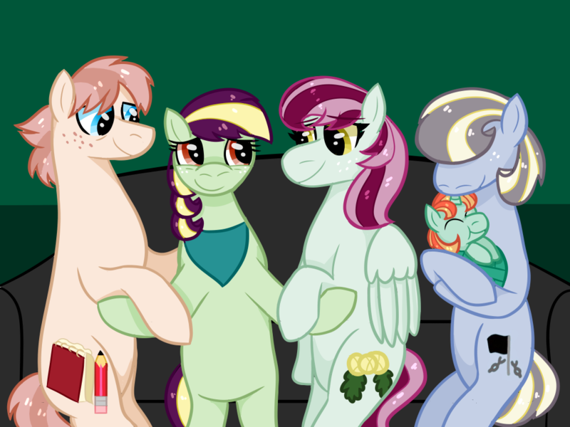 Size: 1032x774 | Tagged: safe, artist:chroniqlo, artist:kindheart525, derpibooru import, oc, oc:bel canto, oc:cursive quill, oc:falsetto fallout, oc:holly-hay carol, oc:pristine melody, earth pony, pegasus, pony, unicorn, kindverse, baby, baby pony, female, husband and wife, magical lesbian spawn, male, mother and child, mother and daughter, offspring, offspring's offspring, parent:applejack, parent:coco pommel, parent:coloratura, parent:oc:cursive quill, parent:oc:pristine melody, parent:oc:turquoise edge, parent:trenderhoof, parents:oc x oc, parents:rarajack, parents:trenderpommel