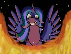 Size: 2048x1536 | Tagged: alicorn, alicorn oc, artist:kindheart525, changepony, derpibooru import, fire, hamilton, horn, hybrid, interspecies offspring, kindverse, magical lesbian spawn, oc, oc:firefly, offspring, parent:princess luna, parent:queen chrysalis, parents:chrysaluna, safe, song in the description, wings