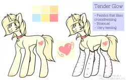 Size: 1700x1087 | Tagged: safe, artist:hellishprogrammer, derpibooru import, oc, oc:tender glow, unofficial characters only, pony, unicorn, bell, bell collar, clothes, collar, femboy, heart, male, reference sheet, simple background, socks, solo, stallion, stockings, thigh highs, watermark, white background