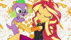 Size: 1920x1080 | Tagged: safe, derpibooru import, screencap, spike, spike the regular dog, sunset shimmer, dog, equestria girls, equestria girls series, clothes, eyes closed, female, geode of empathy, jacket, leather jacket, magical geodes, male, paws, ponied up, smiling, spike's dog collar, theme song