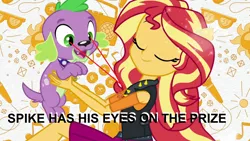 Size: 1920x1080 | Tagged: safe, derpibooru import, edit, screencap, spike, spike the regular dog, sunset shimmer, dog, equestria girls, equestria girls series, clothes, eyes closed, eyes on the prize, female, geode of empathy, jacket, leather jacket, magical geodes, male, paws, ponied up, smiling, spike's dog collar, text, theme song