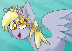 Size: 1024x732 | Tagged: safe, artist:cadetredshirt, derpibooru import, derpy hooves, pegasus, pony, bust, colored pupils, cute, derp, derpabetes, floral head wreath, flower, flower in hair, flying, gradient background, happy, open mouth, patreon, patreon logo, simple background, smiling, solo