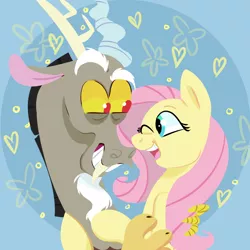 Size: 1000x1000 | Tagged: safe, artist:corgitheborki, derpibooru import, discord, fluttershy, draconequus, pegasus, pony, beard, bust, cuddling, discoshy, eye contact, facial hair, female, heart, hooves, horns, hug, looking at each other, male, mare, one eye closed, open mouth, shipping, smiling, straight, wings