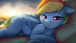 Size: 2400x1350 | Tagged: safe, artist:fidzfox, derpibooru import, rainbow dash, pegasus, pony, backwards cutie mark, cheek fluff, chest fluff, cloud, cute, dashabetes, female, floppy ears, frown, lidded eyes, lying down, mare, solo, style emulation, sweet dreams fuel