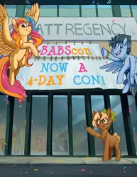 Size: 3400x4400 | Tagged: safe, artist:cuttledreams, derpibooru import, oc, oc:copper chip, oc:golden gates, oc:silver span, pegasus, pony, unicorn, babscon, banner, trio