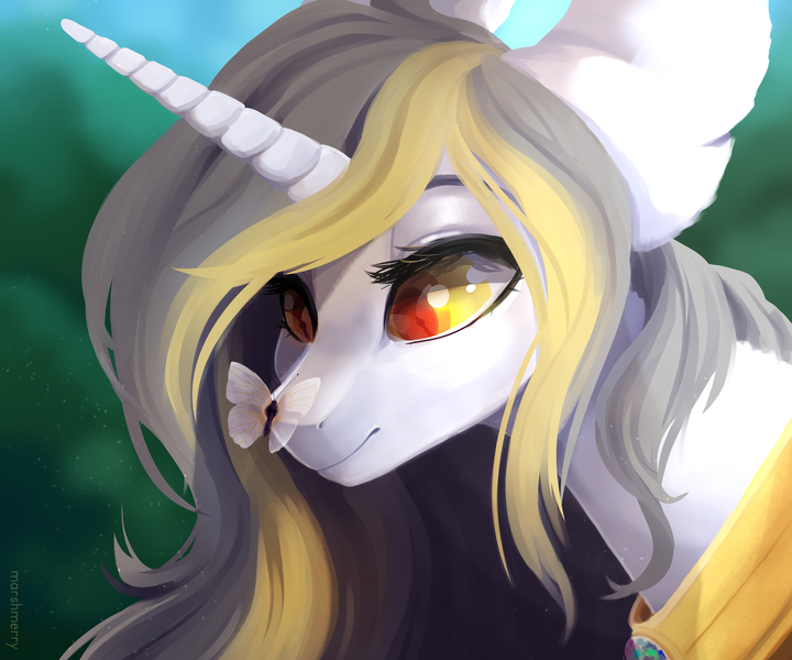 Size: 3600x3000 | Tagged: safe, artist:skylacuna, derpibooru import, oc, oc:platinum feather, unofficial characters only, butterfly, pony, unicorn, bust, butterfly on nose, female, insect on nose, mare, portrait, solo