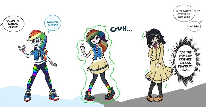 Size: 1681x878 | Tagged: safe, artist:cyanoray, derpibooru import, rainbow dash, human, equestria girls, character to character, clothes, converse, female, izumi kitta, shoes, sneakers, tomoko kuroki, transformation, voice actor joke, watamote