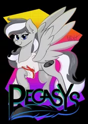 Size: 755x1058 | Tagged: safe, artist:cadetredshirt, derpibooru import, oc, oc:pegasys, pegasus, pony, badge, bedroom eyes, clothes, female, hoodie, looking at you, solo, vaporwave, vaporwave style, walking