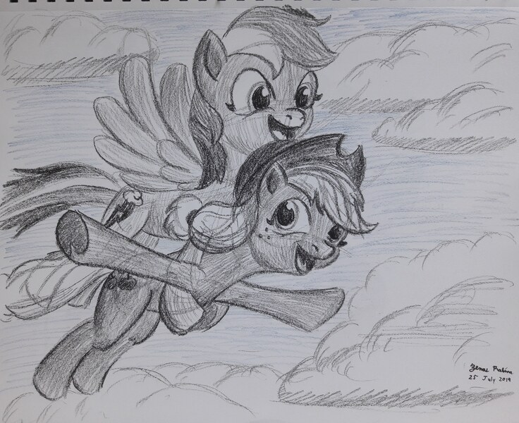 Size: 3002x2448 | Tagged: safe, artist:rockhoppr3, derpibooru import, applejack, rainbow dash, pony, flying, holding a pony, monochrome, traditional art