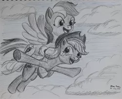 Size: 3002x2448 | Tagged: safe, artist:rockhoppr3, derpibooru import, applejack, rainbow dash, pony, flying, holding a pony, monochrome, traditional art