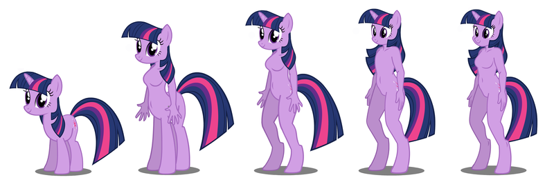 Size: 2346x774 | Tagged: safe, artist:flash equestria photography, derpibooru import, twilight sparkle, anthro, centaur, pony, taur, unguligrade anthro, unicorn, anthro with ponies, barbie doll anatomy, breasts, featureless breasts, featureless crotch, progression, show accurate anthro, simple background, unicorn twilight, white background