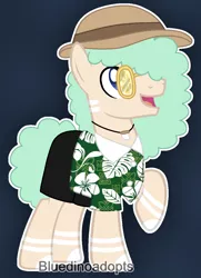 Size: 872x1206 | Tagged: safe, artist:bluedinoadopts, derpibooru import, oc, oc:sand sculpture, unofficial characters only, earth pony, pony, blue background, clothes, glasses, hat, hawaiian shirt, jewelry, male, markings, necklace, open mouth, raised hoof, shark tooth, shirt, shorts, simple background, solo, stallion, sun hat, sunglasses, tooth