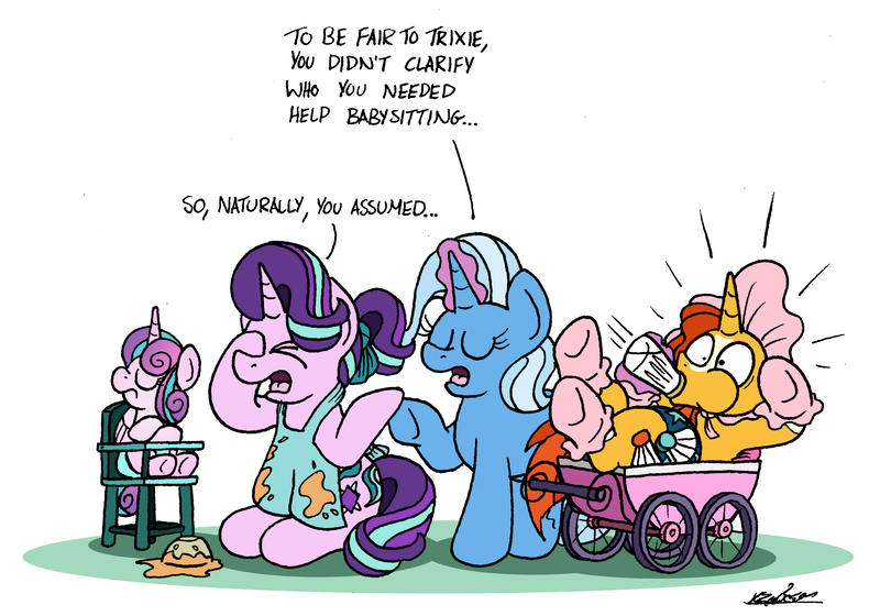 Size: 3013x2109 | Tagged: safe, artist:bobthedalek, derpibooru import, princess flurry heart, starlight glimmer, sunburst, trixie, alicorn, pony, unicorn, alternate hairstyle, apron, atg 2019, baby bottle, baby carriage, bonnet, booties, clothes, eyes closed, facehoof, highchair, magic, naked apron, newbie artist training grounds, ponytail, robe, sunburst's robe, telekinesis