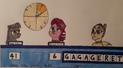 Size: 1536x849 | Tagged: safe, artist:rapidsnap, derpibooru import, maud pie, spoiled rich, pony, atg 2019, british, countdown, gameshow, newbie artist training grounds, traditional art