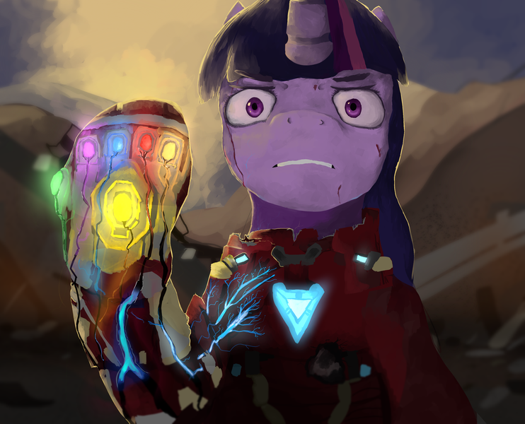 Size: 2670x2160 | Tagged: and i am iron man, artist:sapphmod, avengers, avengers: endgame, blood, crossover, derpibooru import, infinity gauntlet, iron man, looking at you, marvel cinematic universe, raised hoof, safe, spoilers for another series, the snap, twilight sparkle