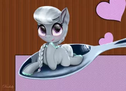 Size: 5400x3900 | Tagged: safe, artist:darksly, derpibooru import, silver spoon, earth pony, pony, braid, colored hooves, eye reflection, female, filly, happy, hoof on chest, horse spooning meme, looking at you, meme, namesake, prone, reflection, solo, spoon, three quarter view, tiny, tiny ponies