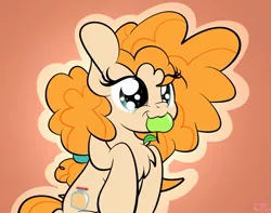 Size: 1007x793 | Tagged: safe, artist:kimjoman, derpibooru import, pear butter, earth pony, pony, the perfect pear, :3, :t, apple, chest fluff, cute, female, food, gradient background, green apple, mare, mouth hold, nom, orange background, outline, simple background, sitting, smiling, solo, starry eyes, wingding eyes