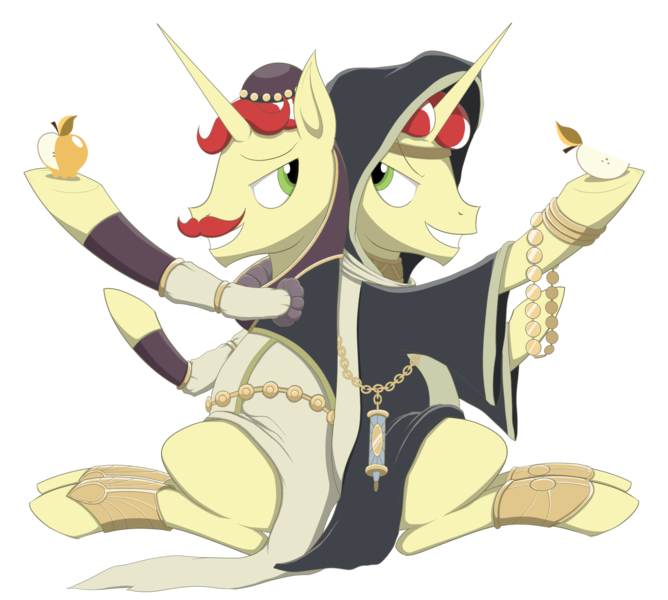 Size: 3000x2695 | Tagged: safe, artist:janji009, derpibooru import, part of a set, flam, flim, pony, unicorn, armor, brothers, card game, clothes, crossover, duo, duo male, flim flam brothers, gold, golden apple, headband, high res, jewelry, magic the gathering, male, orzhov syndicate, part of a series, ravnica, robe, siblings, simple background, stallion, transparent background