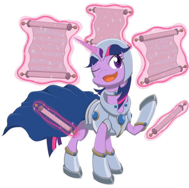 Size: 3000x2996 | Tagged: safe, artist:janji009, derpibooru import, part of a set, twilight sparkle, pony, unicorn, armor, azorius, cape, card game, clothes, crossover, female, glowing horn, helmet, high res, horn, levitation, magic, magic aura, magic the gathering, mare, one eye closed, part of a series, ravnica, scroll, simple background, solo, telekinesis, transparent background, unicorn twilight