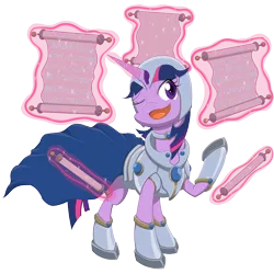 Size: 3000x2996 | Tagged: safe, artist:janji009, derpibooru import, part of a set, twilight sparkle, pony, unicorn, armor, azorius, cape, card game, clothes, crossover, female, glowing horn, helmet, high res, horn, levitation, magic, magic aura, magic the gathering, mare, one eye closed, part of a series, ravnica, scroll, simple background, solo, telekinesis, transparent background, unicorn twilight