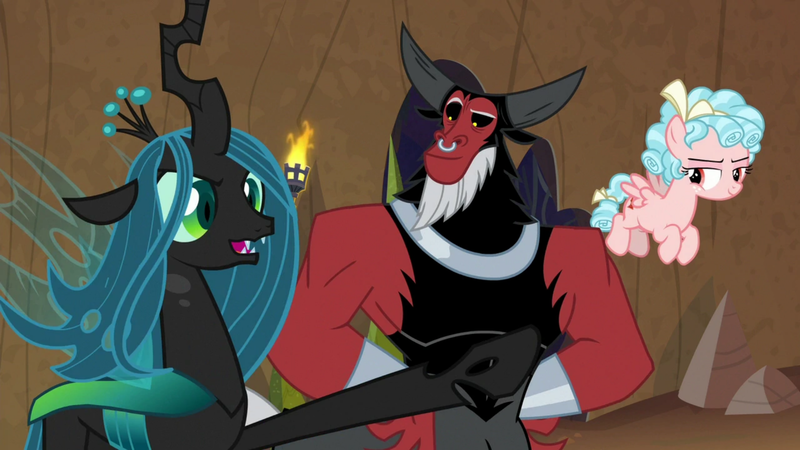 Size: 1920x1080 | Tagged: safe, derpibooru import, screencap, cozy glow, lord tirek, queen chrysalis, centaur, changeling, changeling queen, pegasus, pony, frenemies (episode), cute, cutealis, female, filly, foal, male, nose piercing, nose ring, piercing, raised hoof, trio