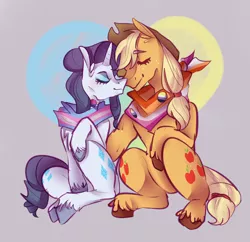 Size: 1550x1500 | Tagged: safe, artist:corporalvortex, derpibooru import, applejack, rarity, earth pony, pony, unicorn, applejack's hat, bisexual pride flag, both cutie marks, butch, butt freckles, button, clothes, cowboy hat, cute, ear fluff, eyes closed, eyeshadow, female, freckles, hat, headcanon, heart, jackabetes, jewelry, lesbian, makeup, mare, masculine mare, nonbinary, nonbinary pride flag, nuzzling, pride, pride flag, raribetes, rarijack, scarf, shipping, simple background, sitting, trans girl, transgender pride flag, unshorn fetlocks