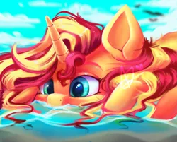 Size: 2577x2072 | Tagged: safe, artist:thewickedvix, derpibooru import, sunset shimmer, pony, unicorn, cute, female, shimmerbetes, solo, water