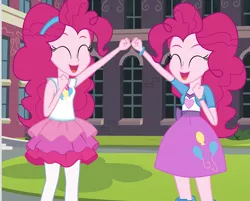 Size: 1335x1074 | Tagged: safe, artist:mlp-silver-quill, derpibooru import, pinkie pie, comic:pinkie pie says goodnight, equestria girls, equestria girls series, cropped, duality, duo, end of the world, raised fist, self paradox