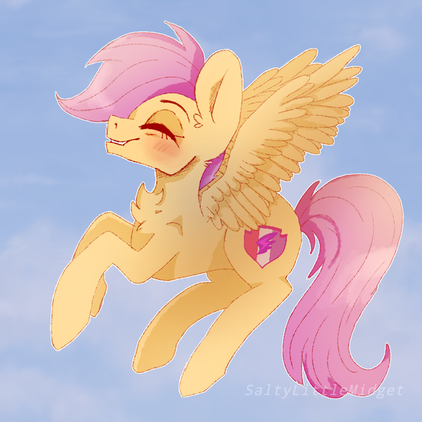 Size: 768x768 | Tagged: safe, artist:saltylittlemidget, derpibooru import, scootaloo, pony, blushing, chest fluff, cute, cutealoo, eyes closed, flying, older, scootaloo can fly, signature, smiling, solo, spread wings, wings
