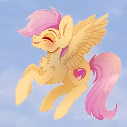 Size: 768x768 | Tagged: safe, artist:saltylittlemidget, derpibooru import, scootaloo, pony, blushing, chest fluff, cute, cutealoo, eyes closed, flying, older, scootaloo can fly, signature, smiling, solo, spread wings, wings