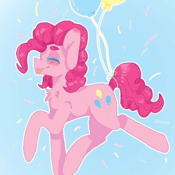 Size: 768x768 | Tagged: safe, artist:saltylittlemidget, derpibooru import, pinkie pie, pony, balloon, chest fluff, cute, diapinkes, eyes closed, floating, solo, then watch her balloons lift her up to the sky, tongue out