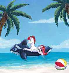 Size: 895x950 | Tagged: safe, artist:flaming-trash-can, derpibooru import, oc, oc:swift apex, orca, pony, whale, beach, beach ball, commission, floatie, floaty, inflatable, inflatable toy, male, ocean, palm tree, pool toy, solo, tree, ych result