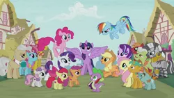 Size: 1280x720 | Tagged: safe, derpibooru import, screencap, apple bloom, applejack, big macintosh, carrot cake, cup cake, fluttershy, granny smith, mayor mare, pinkie pie, rainbow dash, rarity, scootaloo, snails, snips, spike, starlight glimmer, sweetie belle, twilight sparkle, twilight sparkle (alicorn), zecora, alicorn, dragon, earth pony, pegasus, pony, unicorn, book, colt, cutie mark, cutie mark crusaders, female, filly, intro, male, mane seven, mane six, mare, opening, ponyville, quill, stallion, the cmc's cutie marks