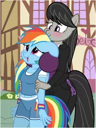 Size: 600x800 | Tagged: suggestive, artist:flash equestria photography, derpibooru import, octavia melody, rainbow dash, anthro, earth pony, pegasus, between breasts, breasts, busty octavia, crack shipping, dashtavia, female, happy, holding, lesbian, ponyville, shipping, show accurate anthro