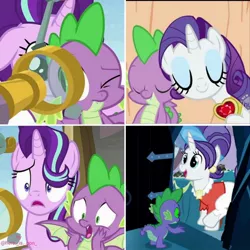 Size: 1080x1080 | Tagged: safe, derpibooru import, edit, edited screencap, screencap, cookie crumbles, rarity, spike, starlight glimmer, dragon, pony, a matter of principals, secret of my excess, the crystal empire, cute, door, eyes closed, female, fire ruby, gem, hands on head, male, mare, open mouth, ruby, scared, shipping, smiling, sombra eyes, sparity, spikelove, straight, telescope, winged spike