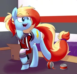 Size: 1425x1362 | Tagged: safe, artist:victoreach, derpibooru import, oc, oc:honey wound, unofficial characters only, earth pony, pony, bed, box, clothes, dye, dyed mane, dyed tail, female, happy, mare, open mouth, raised hoof, red mane, room, soft shading, solo
